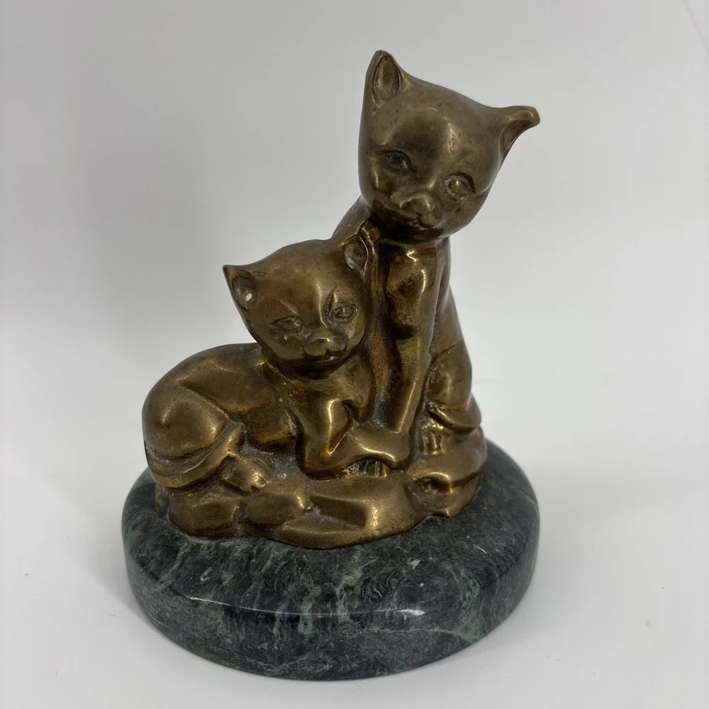 Brass Cat Figurine Statue Mama Cat With Kitten on Green‎ Marble Base